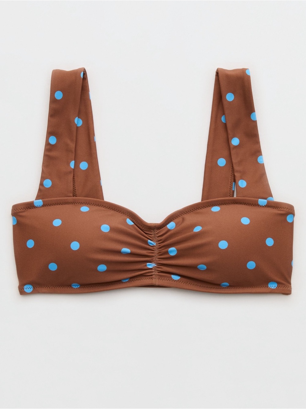 Aerie Ruched Wide Strap Bandeau Bikini Top NWT | XXL | Brown Blue Polka Dot